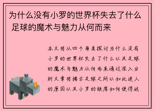 为什么没有小罗的世界杯失去了什么 足球的魔术与魅力从何而来
